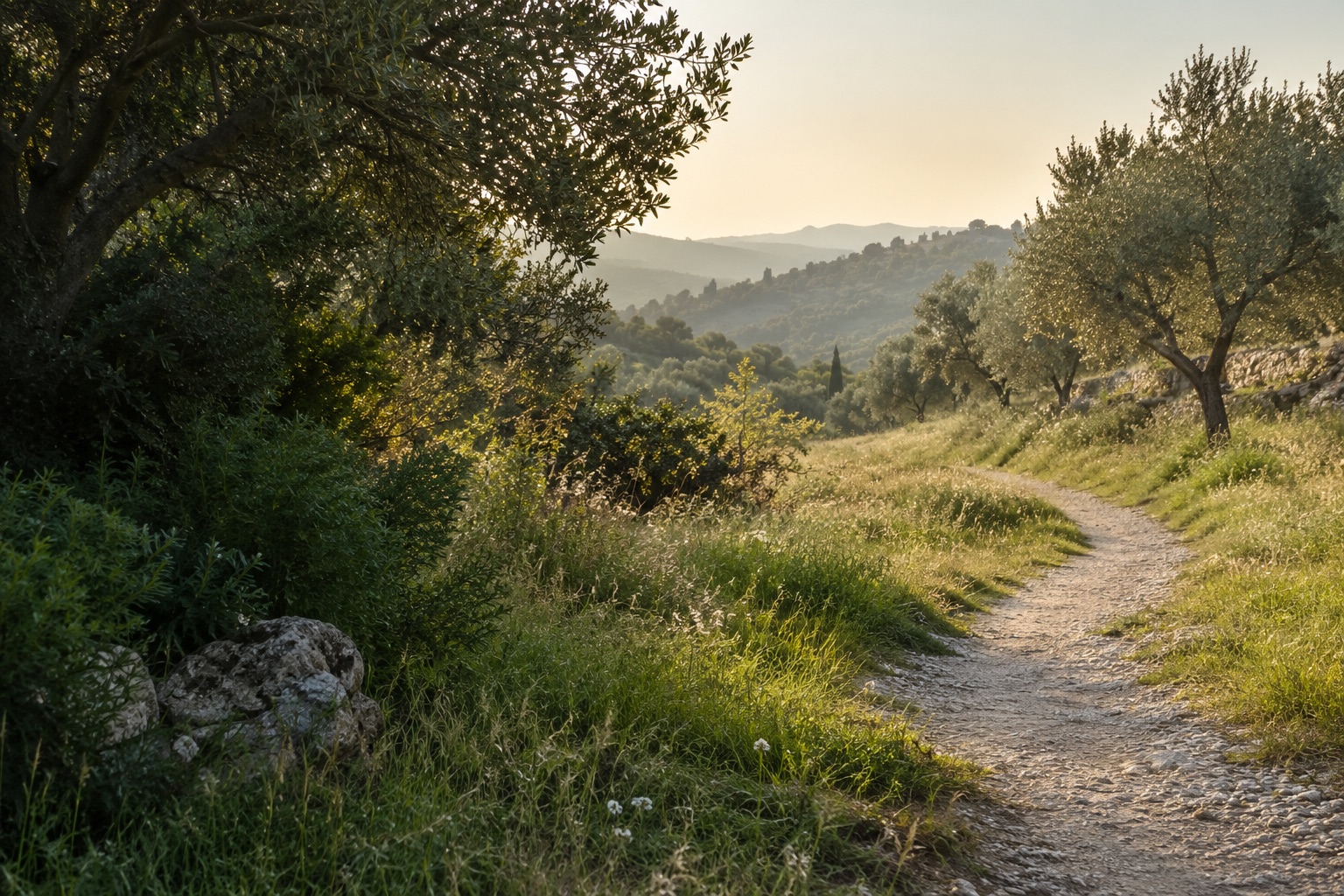 A quiet walking path through green trees in the morning light.